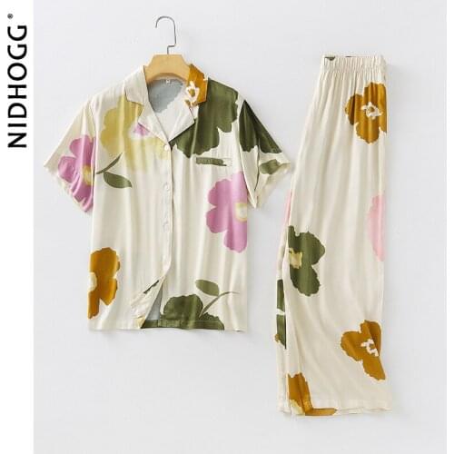 2021 Summer Lady Flower Pyjama Satin Print Short-sleeved Trousers Pajamas Leisure Sleepwear Women 2 Piece Lounge Wear Home Set
