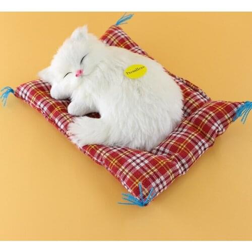 Artificial cat model with mat ,polyethylene&fur sounds miaow white cat about 12x9cm handicraft home decoration gift b1600