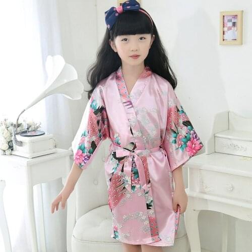 Fashion dressing gown kid girls pink flower robe wedding bridesmaid kimono stain robes children summer sleepwear bathrobes 4-13T
