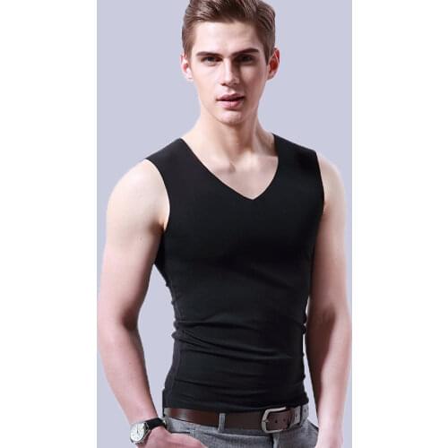 Mens V-neck Thermal Undershirts Solid Base Mens Warm Seamless Slimming Sleeveless Add Velvet Thickening Inner Shirt