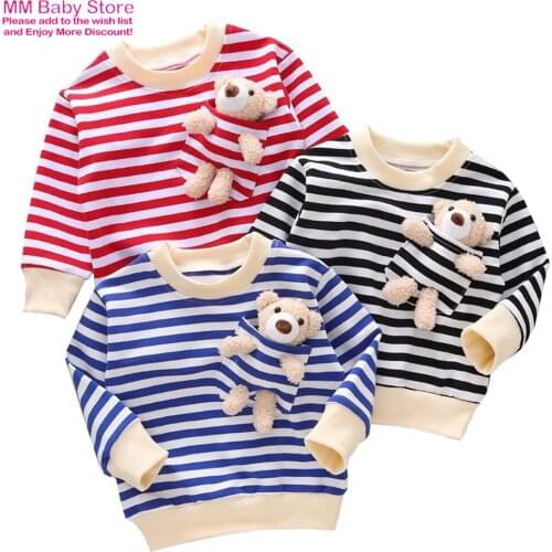 Autumn Children Striped Pocket Bear Baby Girls Boys Cartoon Clothes O-neck Long Sleeve Tee Shirts Kids Sweatershirt Tops