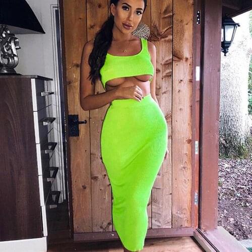 Ribbed knitted women two piece matching co ord set crop top midi skirt sexy festival party 2021 summer clothing