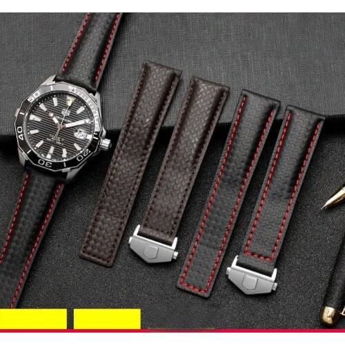 Carbon fiber texture genuine leather bottom watchband For TAG wristband mens black with red line strap 20mm with folding buckle