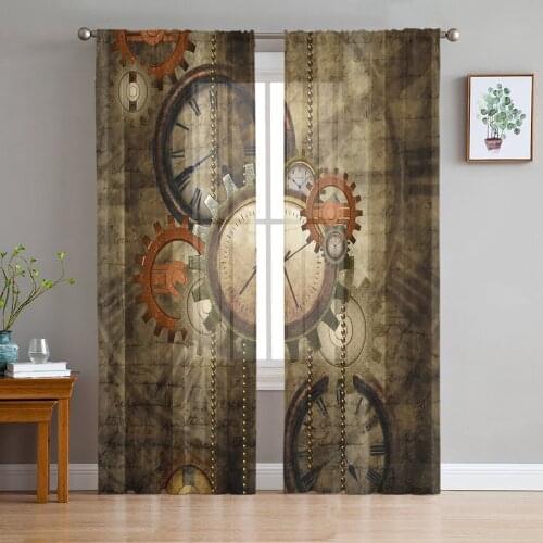 Retro Gear Bell Print Sheer Window Panel Curtains Room for Living Room Bedroom Kitchen Room Chiffon Tulle Curtains