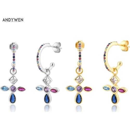 ANDYWEN 925 Sterling Silver Colorful Zircon Cross Drop Earring Big Circle Round Women Rock Punk Fashion Jewerly Crystal Jewelry