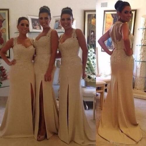 Katristsis d Hot Sale Gorgeous Sleeveless Long Lace Bridesmaid Dresses Appliques 2019 Front Split Party Gown Zipper Button Back