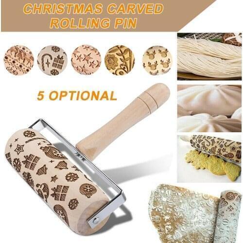Christmas Embossing Rolling Pin Christmas Snowflake Elk Wooden Rolling Pin Baking Cookies Fondant Dough Engraved Roller