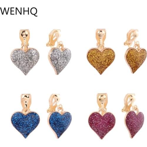 WENHQ 7 Color Heart Shape Clip on Earrings for Women Girl Fashion Jewelry Gold Color No Pierced Earrings Party Wedding Ear Clip