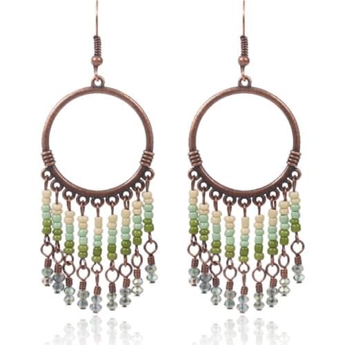 2019 Vintage Beads Earrings Women In Drop Earrings Green Simple Big Loop Beads Tassel Earrings Fashion Jewelry For Girl Gift