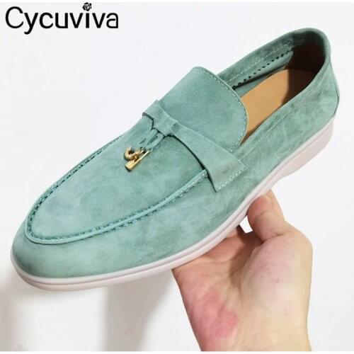 Hot Sale Femme Kidsuede Flat Shoes Round Toe Casual Shoes Woman Metal Lock Slip-on Ladies Loafers Mules Runway Walk Flat Shoes
