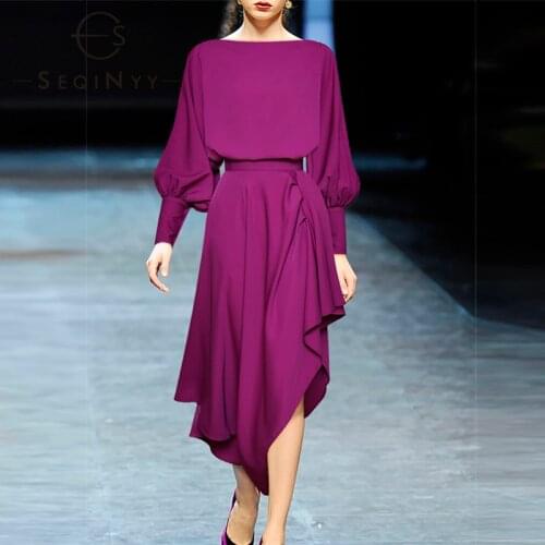 SEQINYY Summer Spring Set Fashion Design New Women Lantern Sleeve Tops + Irregular High Waist Midi Skirt Purple Elegant