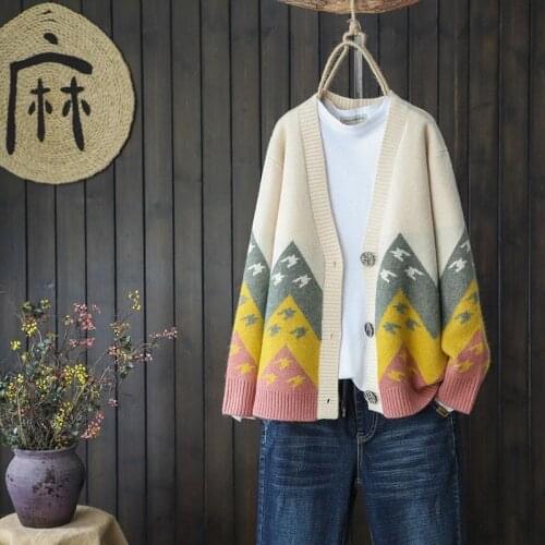 Vintage Spring Autumnu patchwork jacquard Cardigan Coats Womens Casual Loose oversized knitted jackets printting Sweaters 2021