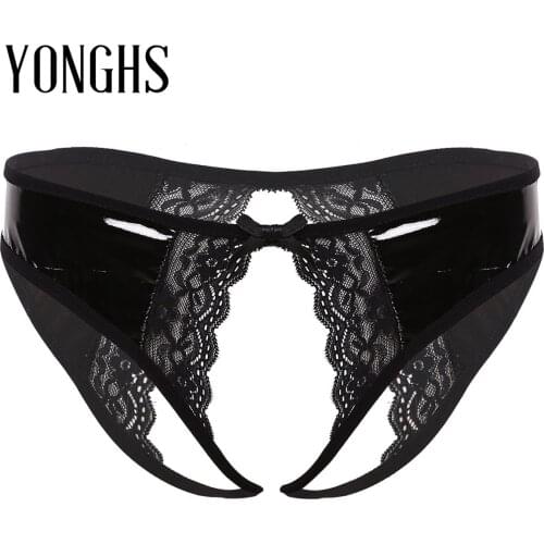 Womens Lingerie Sexy Panties Wet Look Patent Leather Lingerie Low Rise Crotchless with Lace Edge Cheeky Hipster Briefs Underwear