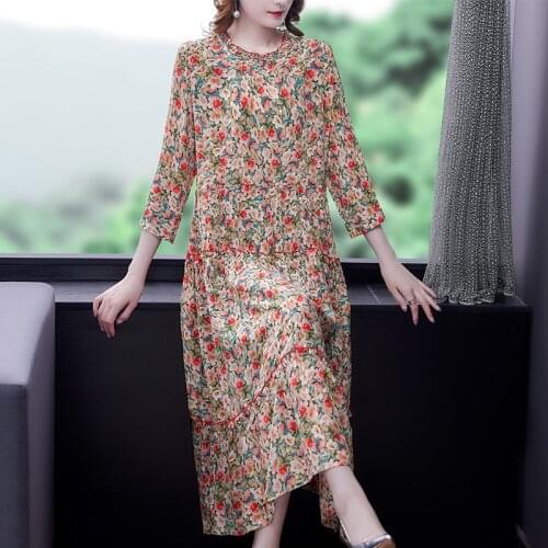 Spring Autumn Casual Print Mulberry Silk Beach Midi Dress 2021 Vintage 4XL Plus Size Chiffon Dress Elegant Women Bodycon Vestido