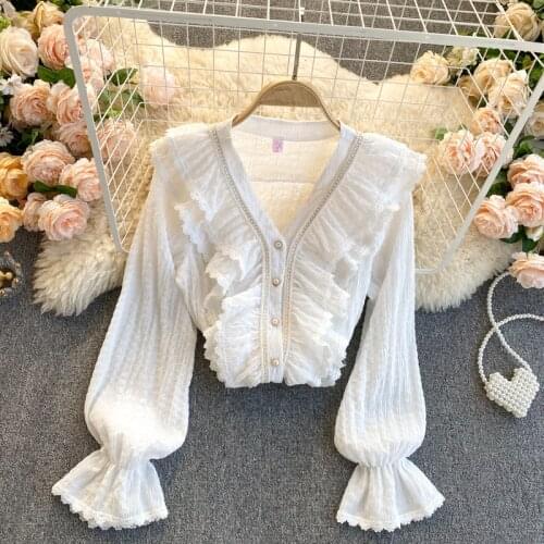 2021 Spring autumn New Style Loose Fashion Ruffled Flared Sleeves V-neck Lace Shirt Fashion Temperament Top Blouse Women