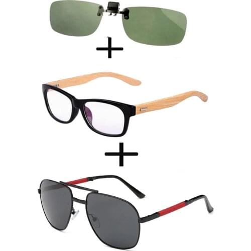 3Pcs!!! Comfortable Wooden Squared Frame Reading Glasses for Men Women + Alloy Polarized Sunglasses Pillot + Sunglasses Clip