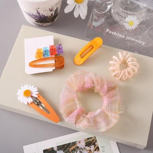 6Pcs/set Summer Cute Hair Clip Set Girl Flower Hairband Organza Scrunchies Hair Rings Headwear Animal Hairpin Hair Accessories