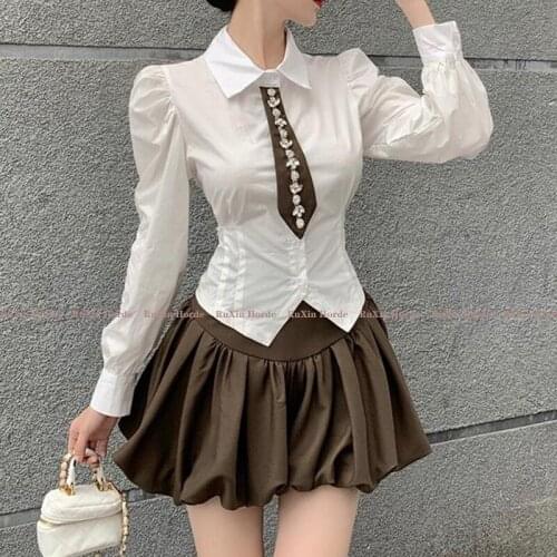 White Shirt Institute Wind Tie Diamonds Flares Pleat Mini Culottes Shorts Preppy Style 2-Piece Hubble-Bubble Sleeve A-Line Skirt