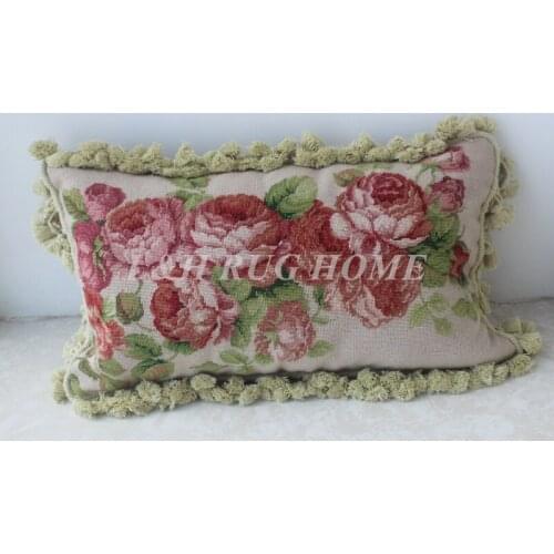 FREE SHIPPING 15K 12"x20" Needlepoint pillow, handknotted cushion with floral designs no insertion