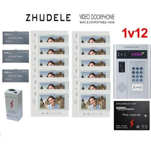 ZHUDELE Building Home security intercom system 12 Units Apartment Video Door Phone Bell Intercom System 7" TFT monitor IN STOCK