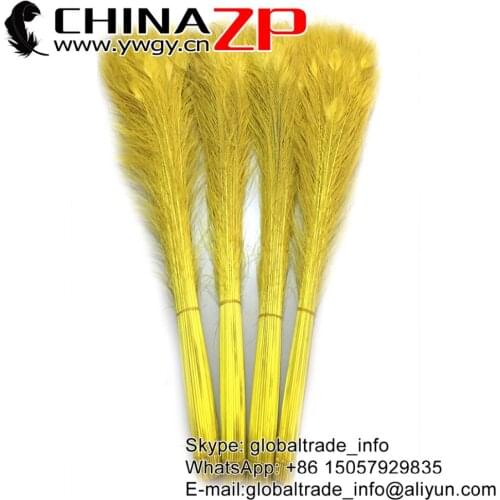 CHINAZP Wholesale Dancer Showgirl Carnival Feathers 500pcs 80~90cm(32~36inch) Yellow Dyed Long Peacock Feathers Bulk Decoration