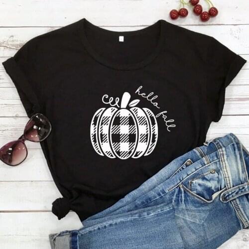 Hello Fall Plaid Pumpkin T-shirt Vintage Women Thanksgiving Holiday Gift Tshirt Trendy Autumn Pumpkin Spice Graphic Tees Tops