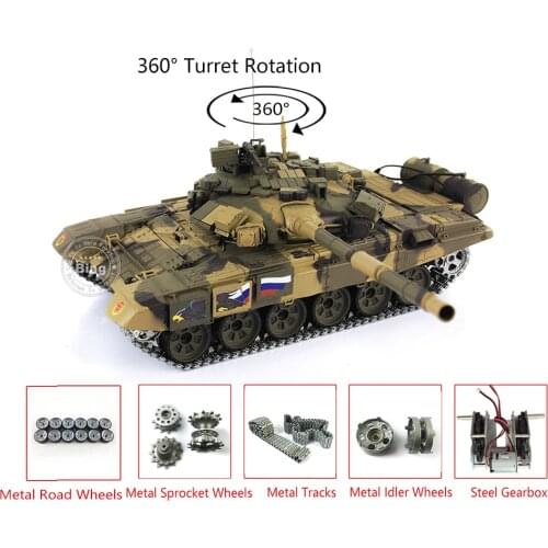 Heng long 1/16 TK7.0 Customized Russia T90 RC Tank 3938 360° Turret Metal Tracks TH17853
