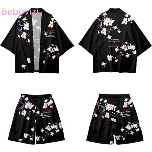 Japanese Flowers Print Cardigan Harajuku Cosplay Kimono Shorts Sets Yukata Asian Clothing Shirt Women Men Haori Two-piece Suit