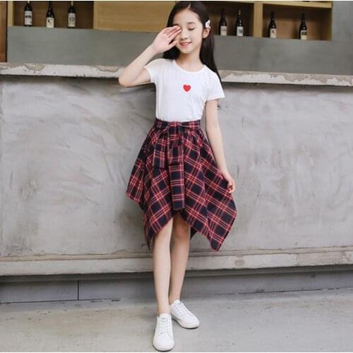 2021 Summer Clothing Baby Girl Clothes Tops Short Sleeve Cotton T-Shirt Top + Plaid Skirts Outfits 2PCS 9 10 11 12 Year