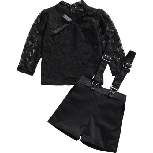 1-5Years Baby Girls 2Pcs Clothes Set, Long Sleeve Floral Lace Tops + Suspender Shorts Set