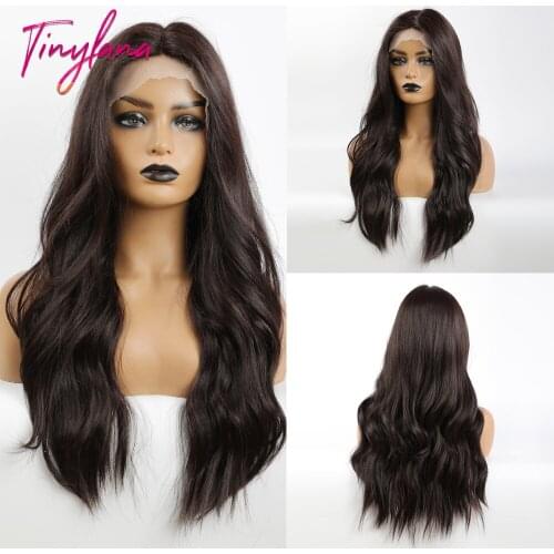 TINY LANA Long Body Wavy Wigs Dark Black Brown Lace Front Wigs Middle Part Synthetic Hair For Afro Black Woman Heat Resistant