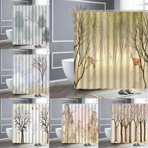 Landscape Shower Curtain Forest Deer Nordic Style Modern Scenery Waterproof Fabric Hooks Bathroom Curtains Polyester Home Decor