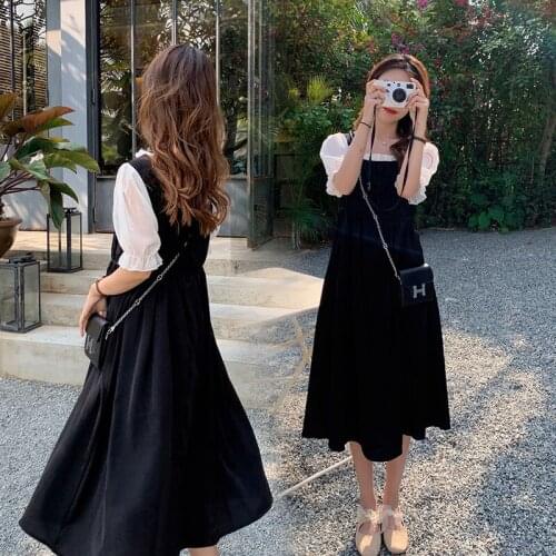 Summer Korean Fashion Black Maternity Long Dress Elegant A Line Slim Waist Loose Clothes for Pregnant Women Chic Pregnancy