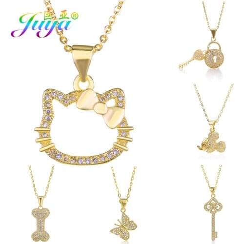 Juya Fashion Pendant Necklace Supplies Micro Pave Zircon Beautiful Cat Butterfly Love Key Necklaces For Women Gift