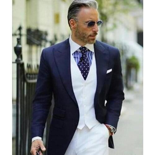 2020 Navy Blue Mens Blazer Groom Tuxedos Peak Lapel Groomsman Wedding Suit For Men Business Prom Terno Slim Fit Men Suits