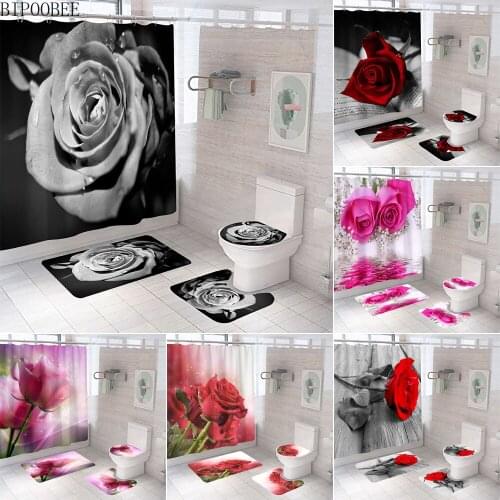 Rose Flower Printed Shower Curtain Set Bath Mats Rugs Black Bathroom Curtains Beautiful Flowers Non-slip Mat Carpet Home Decor