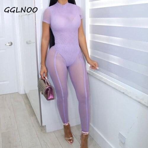 GGLNOO Sheer Mesh Two Piece Pants Set for Ladies Club Outfits Leggings Bodysuits Matching Sets Purple Womens Two Piece Jumpsuit