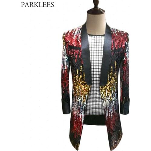 Rainbow Sequin Long Blazer Jacket Men Shawl Collar Slim Fit Mens Shiny Blazers Party Stage Prom Christmas Festival Costume Homme