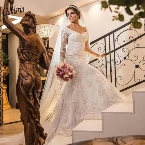 Luxury V-Neck Long Sleeve Lace Mermaid Wedding Dresses Appliques Beading Illusion Back Plus Size Long Bridal Wedding Dress