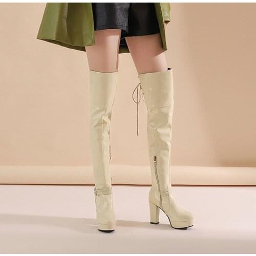Patent Leather Female New Spring Autumn Cross Tied Zipper Thigh Boots Fashion Platform Super High Heel Slim Winter Womens Boots