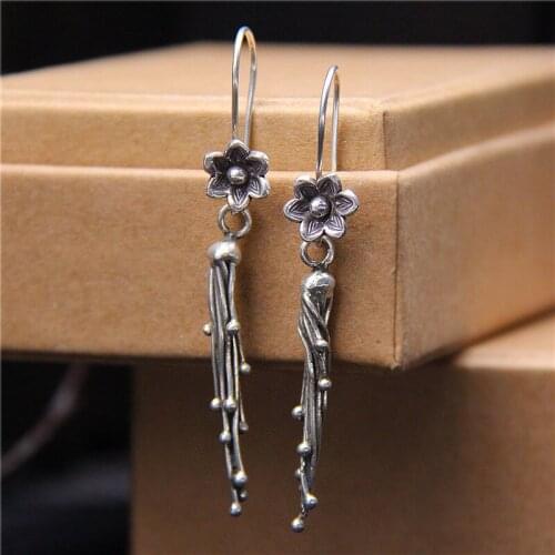 Real S925 Sterling Silver Retro Make Old Balls Handmade Tassel Flower Earrings Exquisite Commemorative Gift Jewelry