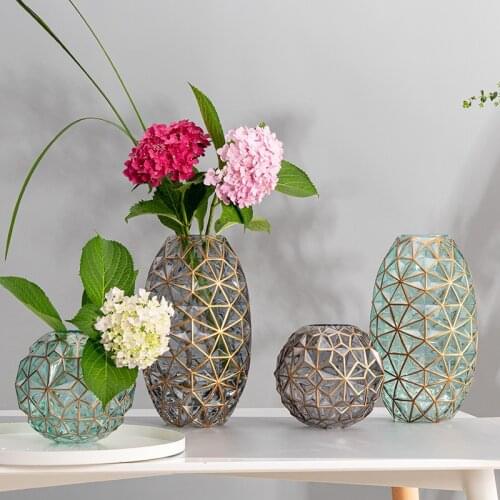 Modern Nordic transparent copper painted gold vase ornaments Nordic simple household glass light luxury flower vase