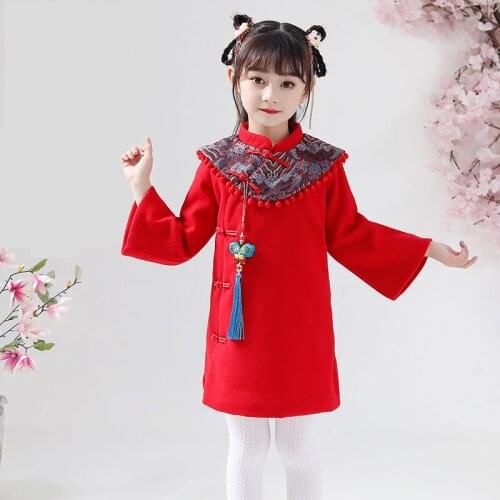 Girls Hanfu Quilted warm Dress winter Keep Warm Children Woolen Dress Kids Red Christmas Dress Princess New Years Clothing
