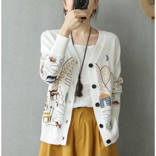 Knitted Cardigan Spring and Autumn New Pure Cotton Cardigan Loose Embroidery Long-sleeved Sweater Retro Wild Sweater Coat Women