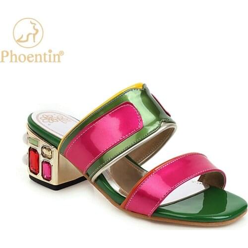 Phoentin mixed colors ladies slippers summer 2020 new high heel mule colorful crystal heels woman slippers green yellow FT966