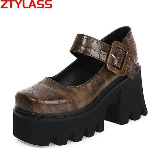 2021 New Women Pumps Fashion Buckle Mary Jane Shoes Ladies Thick High Heel Platform Shoes Summer Square Toe Dress Women Pumps