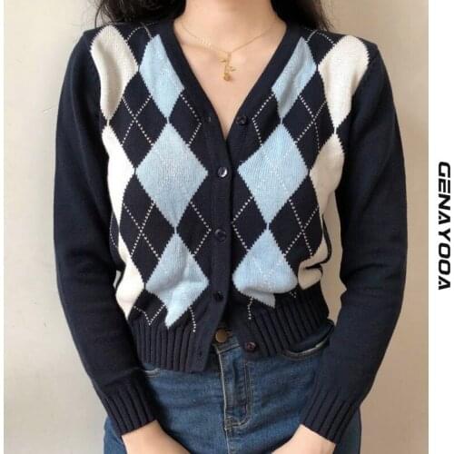 Genayooa V-neck Geometric Cardigan Women Long Sleeve Autumn 2021 School Clothing Preppy Style Knit Female Cardigans Sweater Y2k