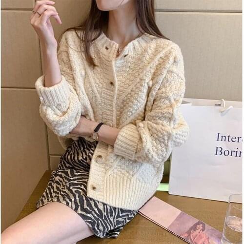 Womens knitted cardigan 2021 new autumn and winter Korean version with long-sleeved round neck solid color sweater jacket