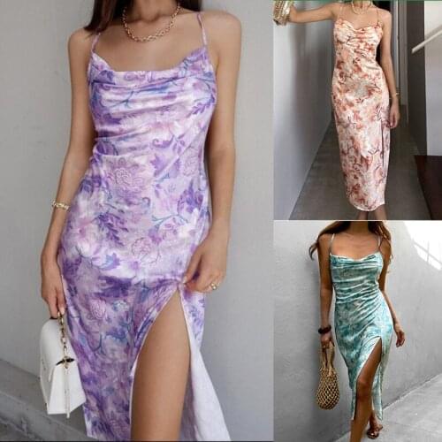 2021 Summer Midi Dress Fashion Strap Sexy Printed Sundress Sexy Split Women Dress Drop Shipping