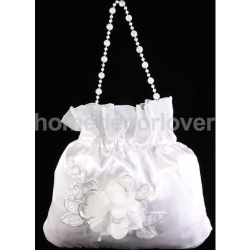 2016 New White Satin Pearl Bridal Bridesmaid Wedding Flower Girl Dolly Bag Prom Pouch Handbag